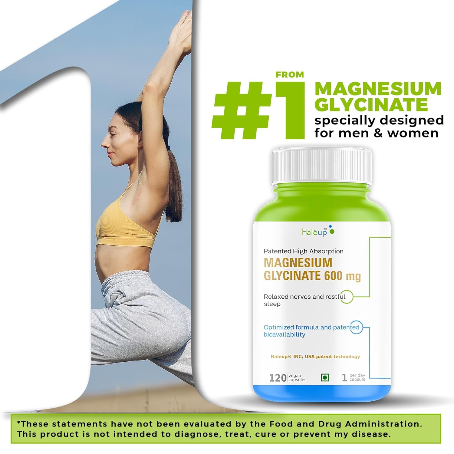 Haleup Magnesium Glycinate 99% pure Supplement 600 mg, Haleup USA, 120 capsules, High Absorption for Sleep, Cramps, muscle recovery & Nerves Health