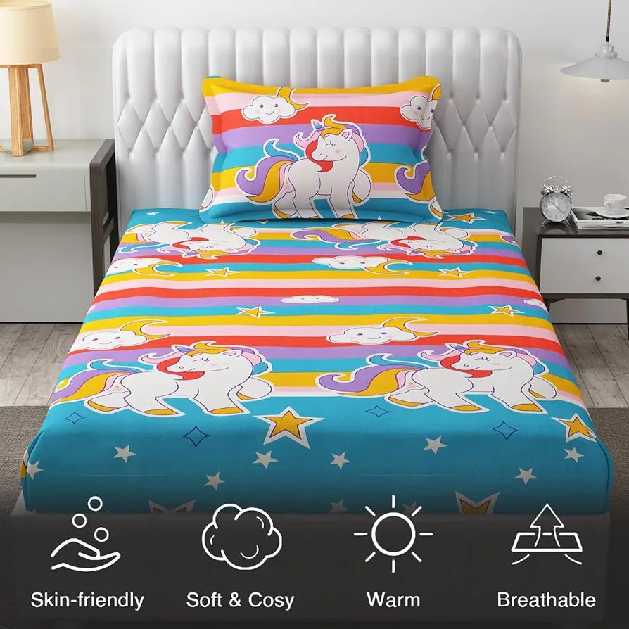 Fresh From Loom Glace Cotton Wrinkle Free Soft Cartoon Printed Single Size Bedsheets With 1 Pillow Covers 144 tc Multicolor Unicorn Multicolor