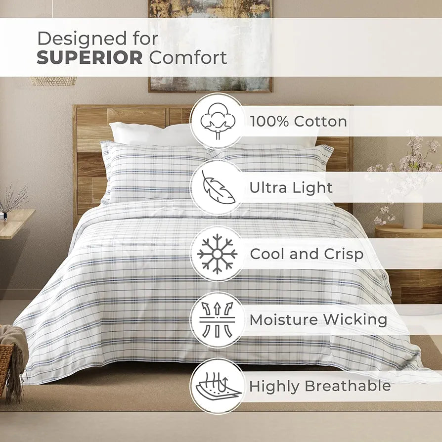 Layers Emaline Cotton King Bedsheet Set 1 King Cotton Bedsheet & 2 Pillow Covers Breathable & Anti-Wrinkle 144 TC White Abbot Checkered