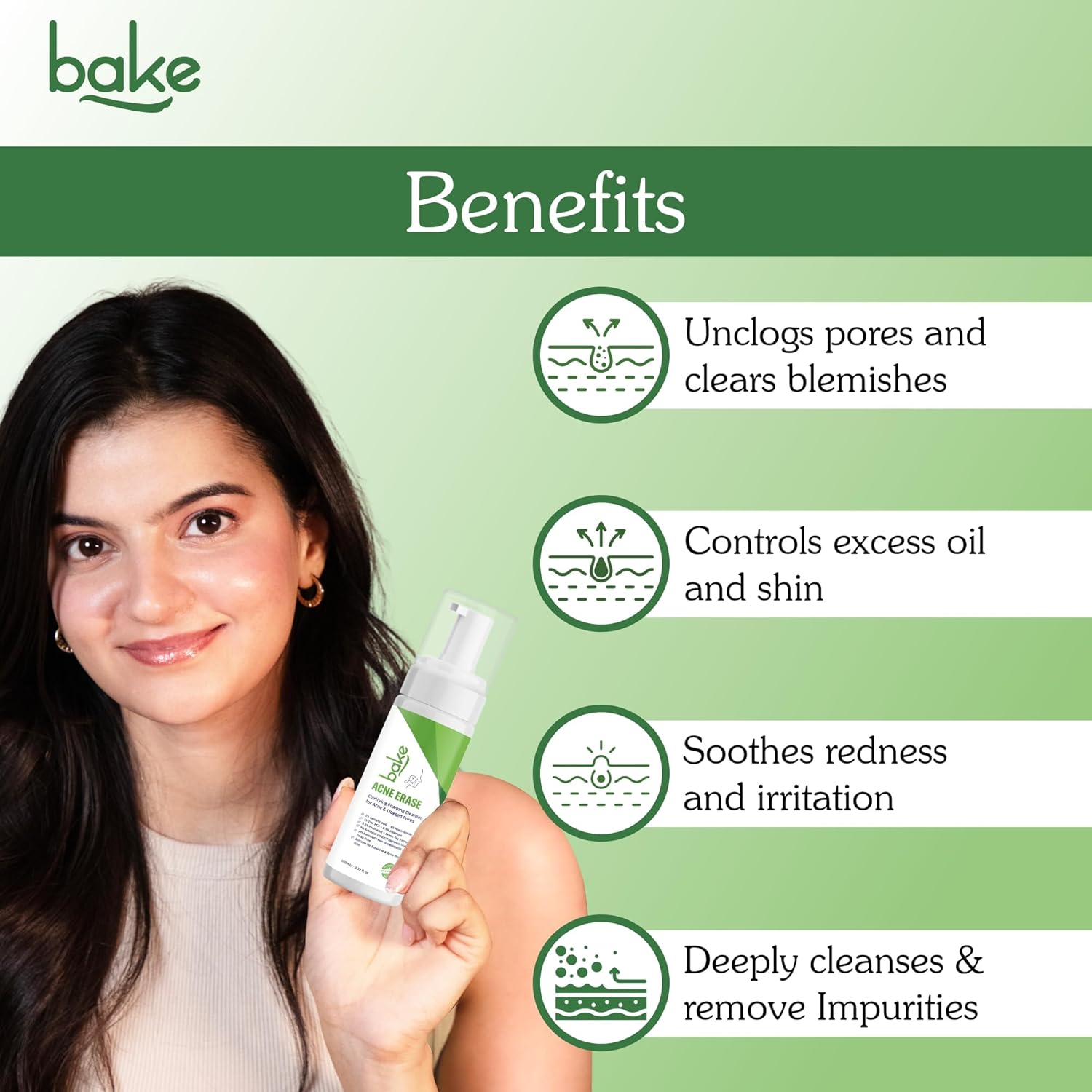 BAKE Acne Erase Foaming Face Wash with 2% Salicylic Acid & Niacinamide | Oil Control, Unclogs Pores, Clears Acne & Blemishes | Gentle Foaming Cleanser for Oily, Acne Prone & Sensitive Skin â€“ 100ml