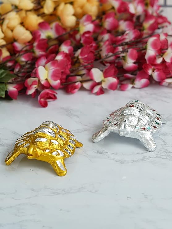 Ecraftindia Golden and Silver Engraved Tortoise Feng Shui Handcrafted Decorative Metal Showpiece