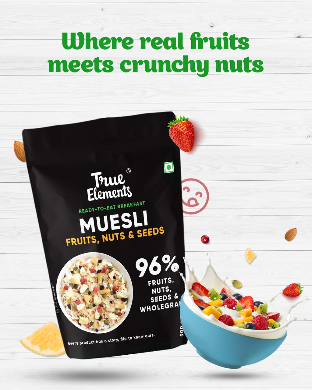 True Elements Muesli Fruit and Nuts 1kg - With Real Fruits & Almonds | 100% Wholegrain Muesli with Oats, Almonds | Real Freeze-dried fruits, Not Candied | Breakfast Cereal | High Fibre & Nutrient-Rich blend