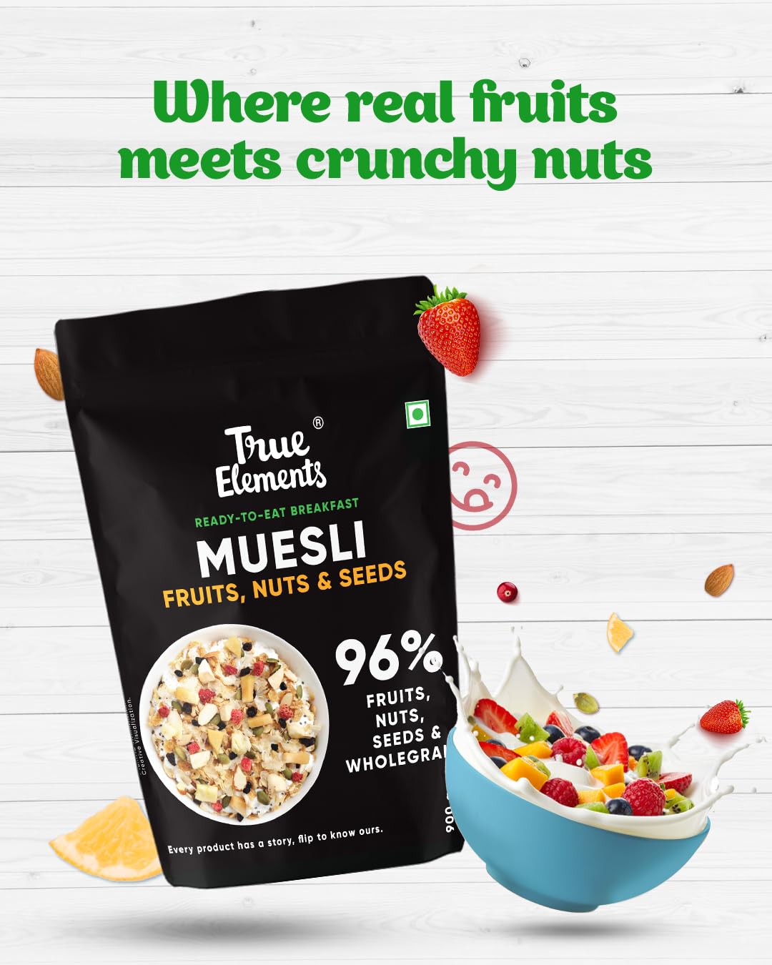 True Elements Muesli Fruit and Nuts 1kg - With Real Fruits & Almonds | 100% Wholegrain Muesli with Oats, Almonds | Real Freeze-dried fruits, Not Candied | Breakfast Cereal | High Fibre & Nutrient-Rich blend