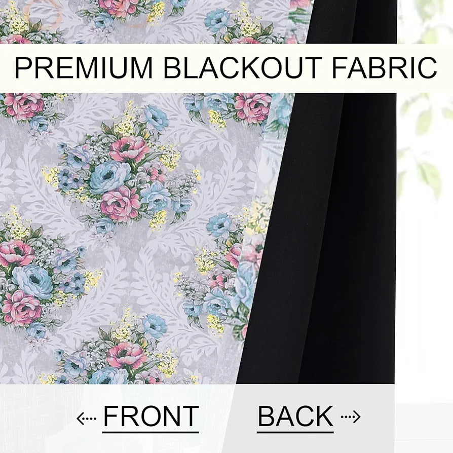Cloth Fusion Blackout Printed Premium Door Curtains 9 Feet Long Set of 2 Ivory Bouquet
