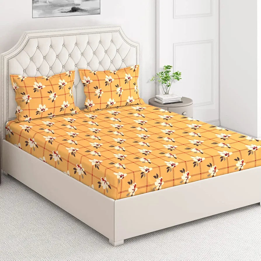 Layers Classic Cotton Bedsheet Set for All Seasons Lightweight Moisture 104 TC Queen Size Yellow, Floral Pattern