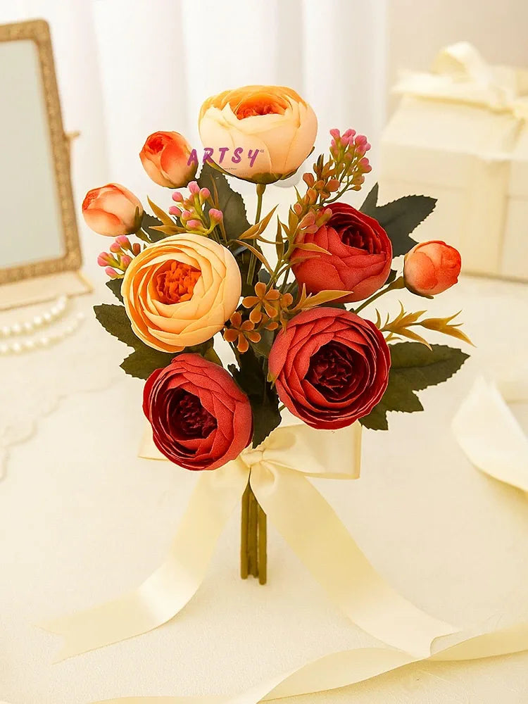 Artificial Flowers for Home Decoration Dry Peony Rose Flower Bunc Without Vase Pack of 2 Piece 6 Branches Each Peach