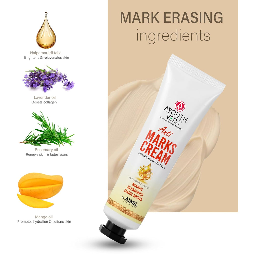 Ayouthveda Anti Marks Cream for Face & Body | Reduces Acne Marks, Dark Spots & Pigmentation | With Nalpamaradi Taila & 6 Essential Oils | Ayurvedic Skin Repair Cream for Men & Women | 30g
