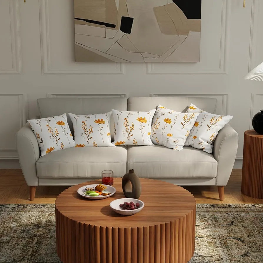 Urban Space Decorative Cotton 200 TC Cushion Cover Set Of 5 Cushion Covers For Sofa, Bedroom, Living Room Orchid Blooms - Yellow