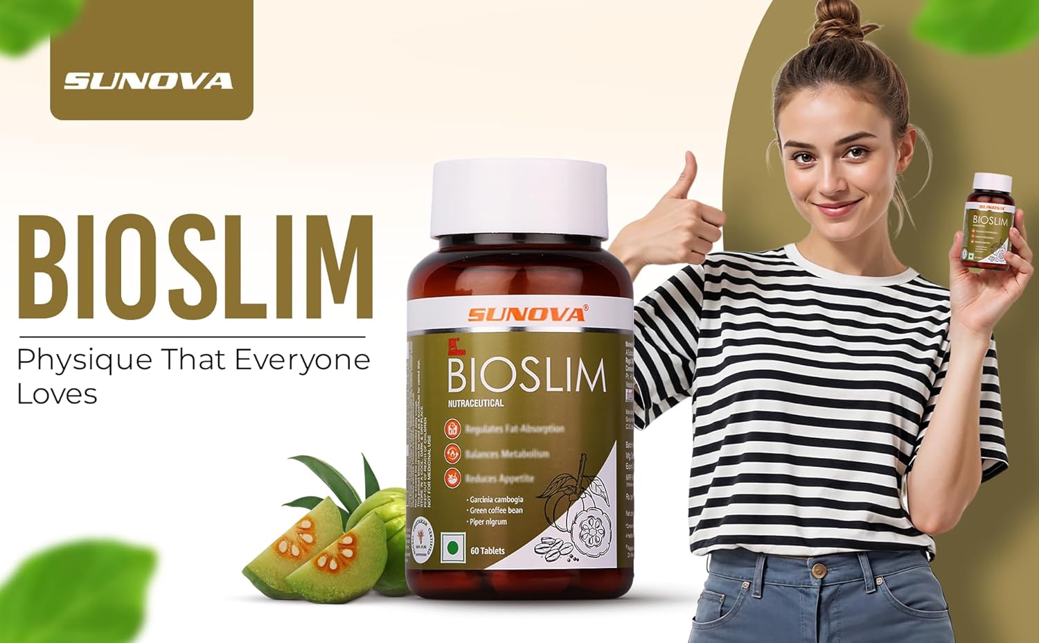 SUNOVA Bioslim Fat Burner Capsules â€“ Organic Weight Management Formula Made of Garcinia Cambogia and Green Coffee Bean Extracts 60 Tablets (Pack of 1)