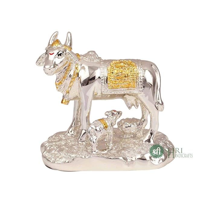 Indicast Resin Gold & Silver Plated Cow Idol With Calf Murti for Office Table and Home Decor & Gifts