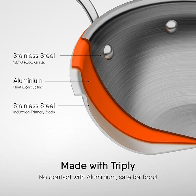 Stahl Artisan Triply Stainless Steel Wok With Lid | Deep Frypan Induction Base | Induction & Gas Stove Compatible | 2.4 L | 24 Cm