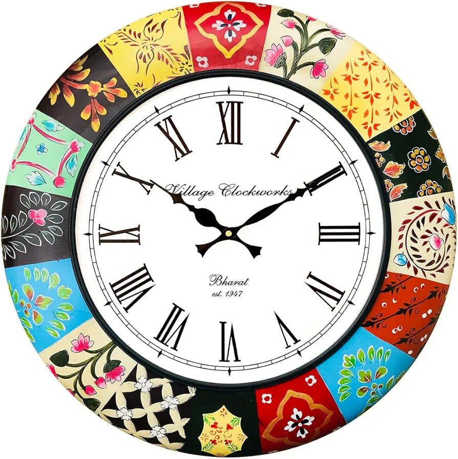 RoyalsCart Handmade Wooden Analog Wall Clock Ethnic Multicolour Hand Painted Clock Size - 16 inches [KTWC186] Elegant Painting