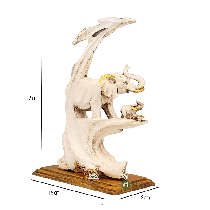 Indicast 10" Inch Resin Elephant Statue With Tree and Baby Animal Figurines Handcrafted Decorative Showpiece | White