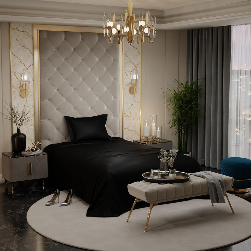Stoa Paris Satin Bedsheets for Single Bed 300TC Premium Bedsheet with 1 Pillow Cover Colour Midnight Black