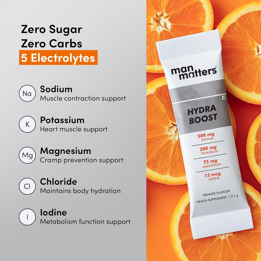 Man Matters Hydra Boost Electrolyte Powder | With 4 Electrolytes, 8 Vitamins & Iodine | No Added Sugar or Calories | Boosts Hydration, Fights Fatigue & Sharpens Focus | Orange Flavour | 15 Sachets