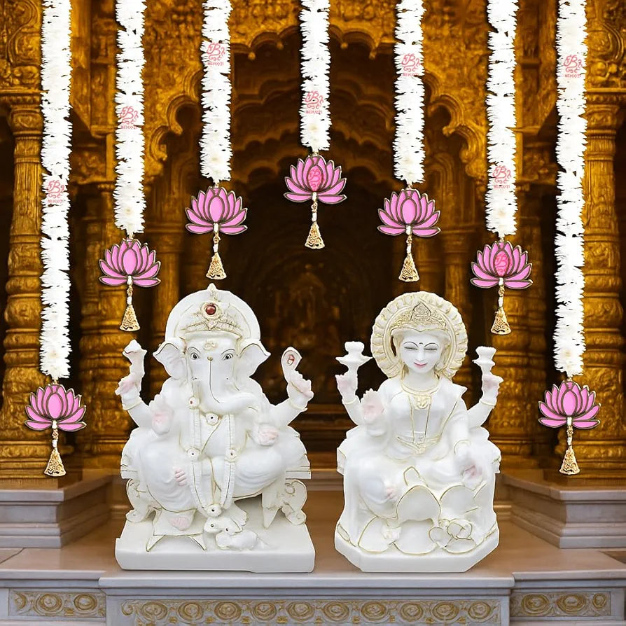 Handmade 10 Pcs Artificial Mogra Garland with Lotus Hanging for Decoration White Flower Strings 2.5 Feet Length