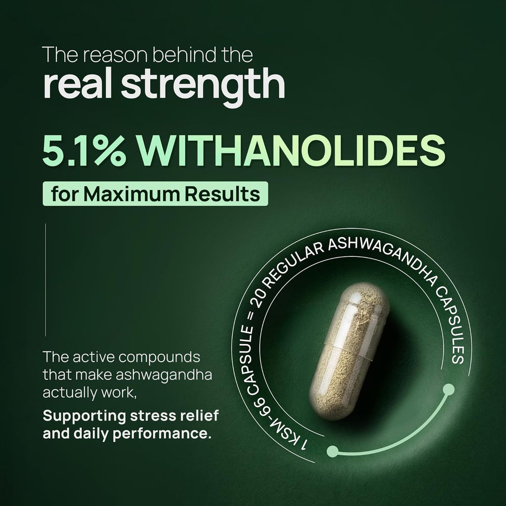 Rasayanam Ashwagandha KSM-66Â® | Clinically Proven 600mg Dosage | 5.1% Withanolides for Max Results | 100% Pure Root Extract | Stress Relief, Energy & Recovery Support | Worldâ€™s Strongest Ashwagandha | 60 Capsules