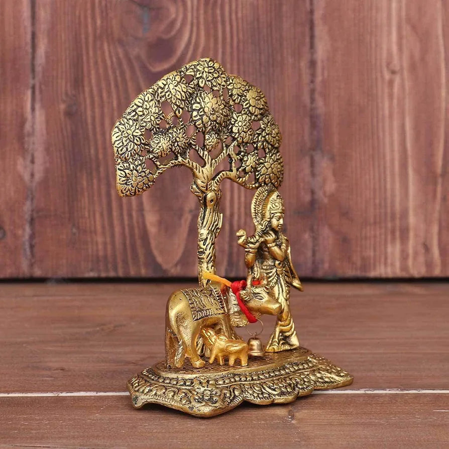 Chhariya Crafts Metal Krishna With Kamdhenu Cow Standing Under Tree Plying Flute