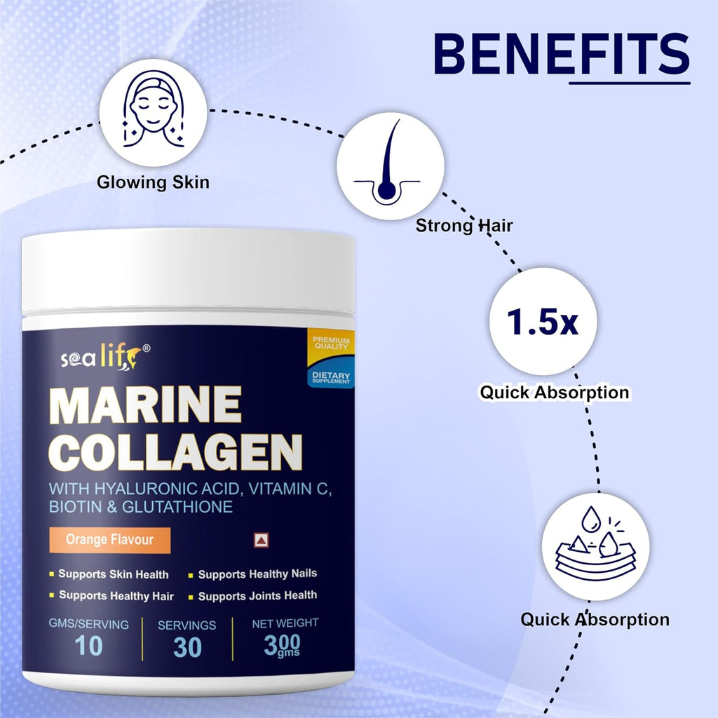 Sea life Marine Collagen Powder | Fish Collagen(300 GM) with Hyaluronic acid, Vitamin-C,Biotin & Glutathione for Hair, Nails, Skin, Muscle and Joints Health (Orange Flavour) Pack of-1