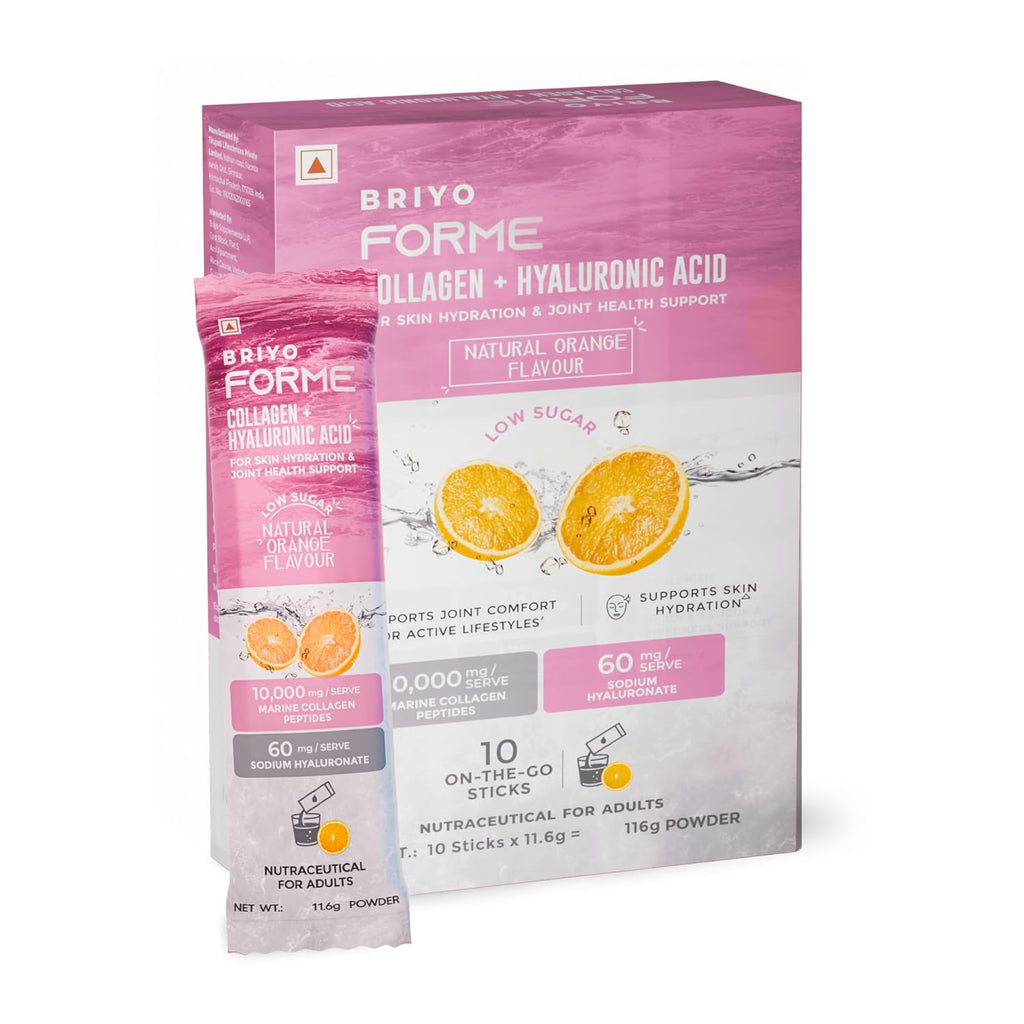 Briyo Forme Collagen + Hyaluronic Acid | 10g Hydrolyzed Marine Collagen with 60mg Hyaluronic Acid | Orange Flavored Daily Drink Mix for Skin Hydration, Joint Support, Anti-Aging & Bone Strength