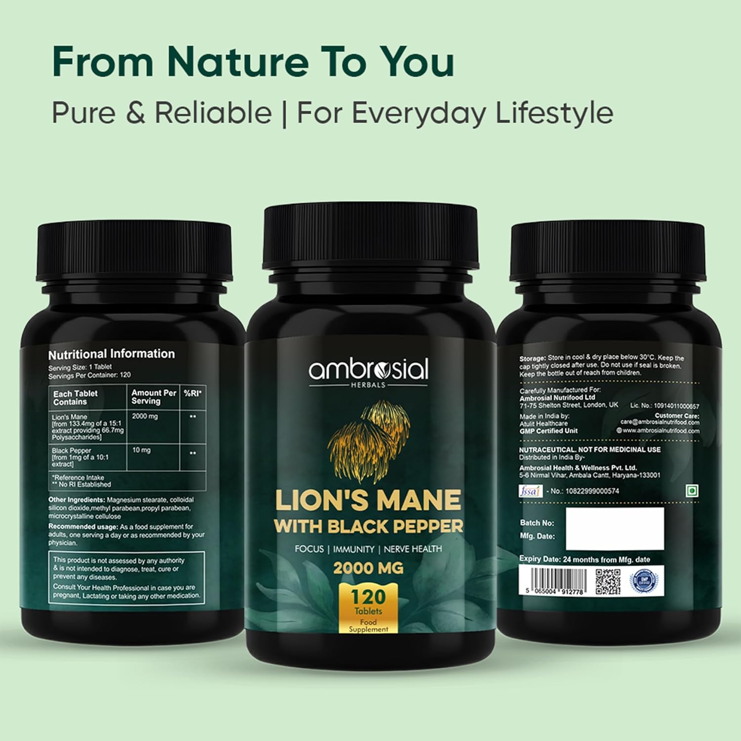 Ambrosial Lionâ€™s Mane Mushroom Supplement with Black Pepper â€“ 2000 mg per Serving | 120 Vegan Tablets | Mushroom Extract to support Focus, Clarity & Wellness