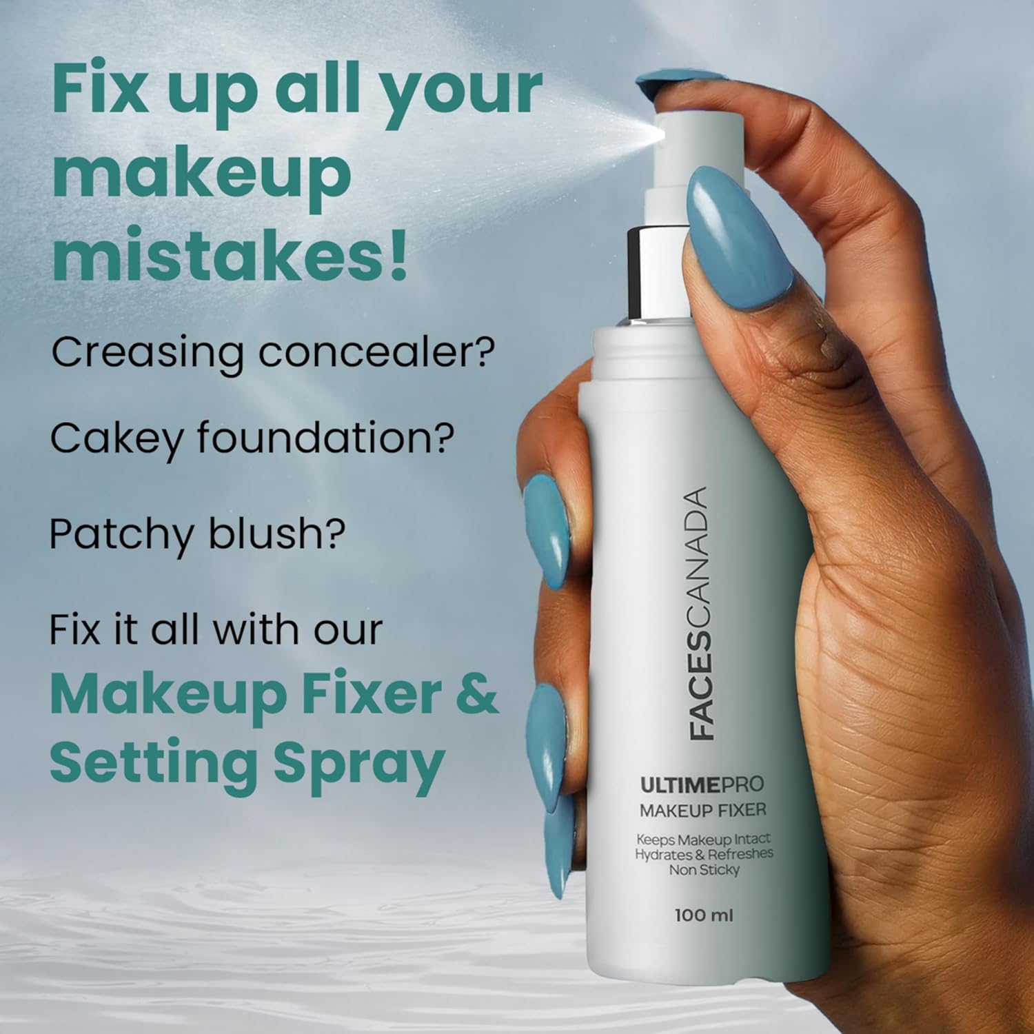 FACES CANADA Ultime Pro Makeup Fixer, 100 ml | Long Lasting Makeup Setting Spray | Keeps Makeup Intact | Hydrates, Soothes & Refreshes Skin | Hyaluronic Acid & Vitamin E Enriched | No Alcohol