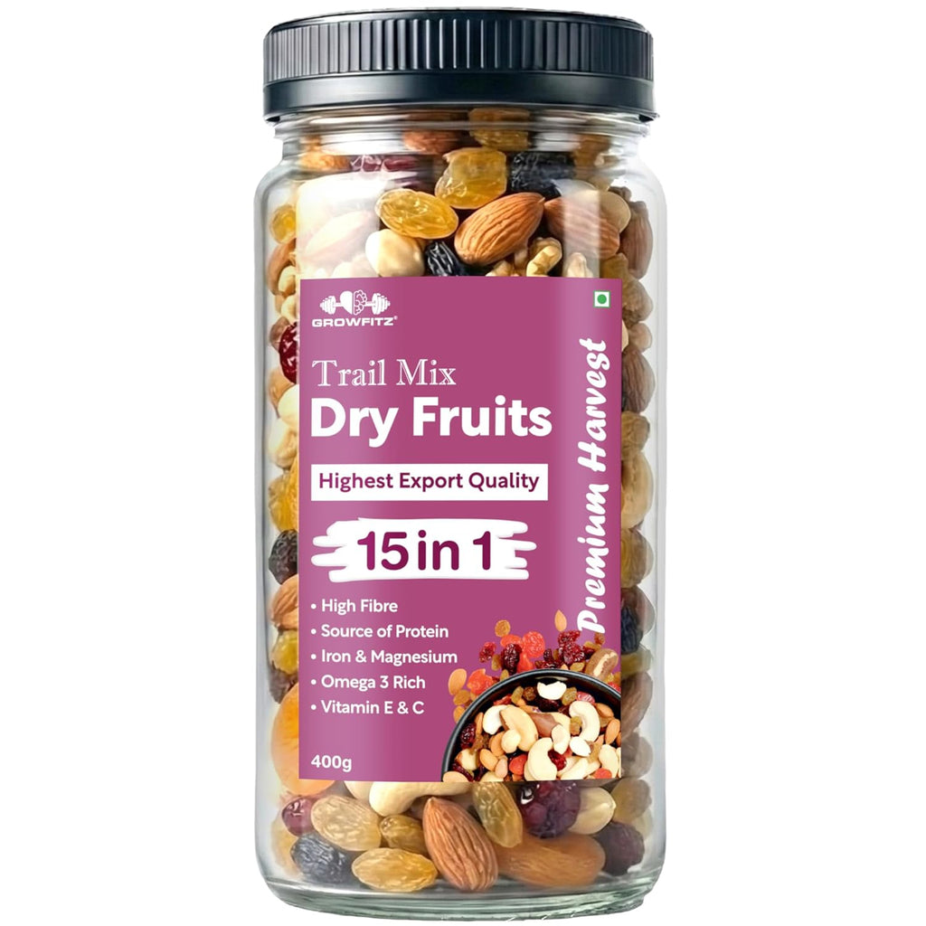 Growfitz Premium 15-in-1 Trial Mix 400g | Healthy Mixed Dry Fruits, Nuts & Seeds | Cashews, Almonds, Pistachio, Cranberries, Raisins, Pumpkin, Sunflower | High Protein Snack | Reusable Jar, Pack of 1