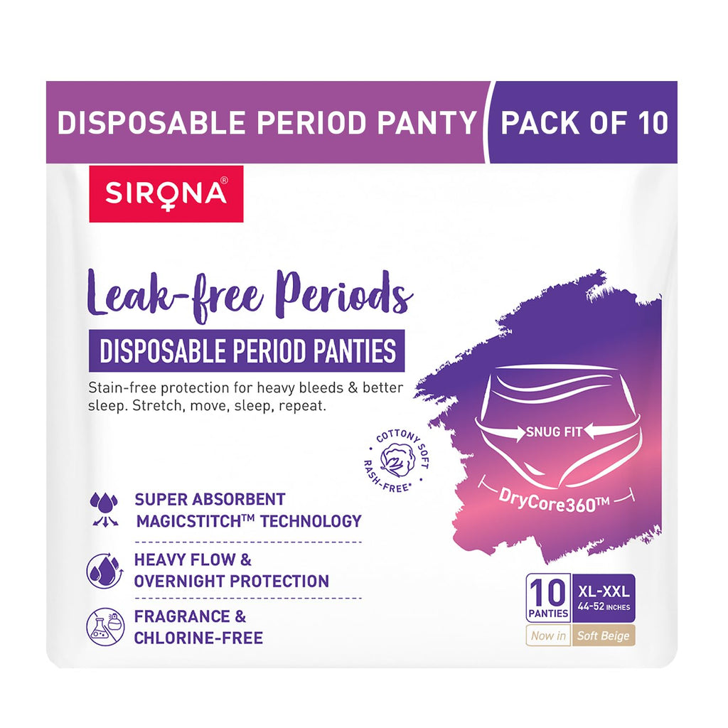 Sirona Disposable Period Panty for Girls | XL-XXL (44-52 Inch) | Pack of 10 | 360Â° Coverage for Stress Free Periods | Leakage Protection for Heavy Flow | Rash Free | Super Absorbent with Comfortable Fit