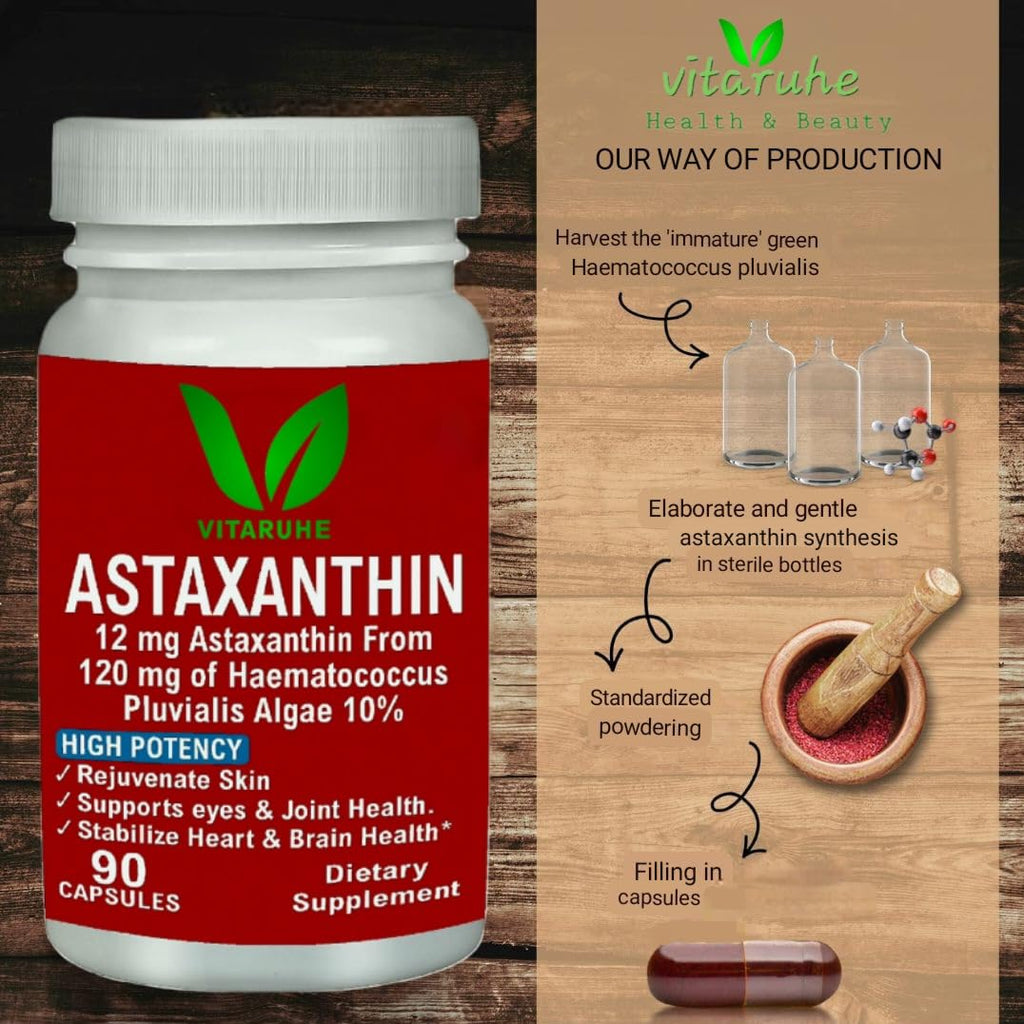 VITARUHEÂ® Astaxanthin Supplement High Dose & Vegan, 12 mg Natural Astaxanthin Powder from Blood Rain Algae, 90 Capsules for 3 Months, No Additives