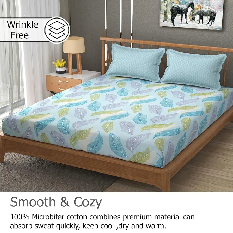 Fresh From Loom Microfiber Soft Cotton Queen Size Bedsheet for Double Bed 200 TC Hypoallergenic Soft Bed Sheet with 2 Pillow Cover Aqua Pankh