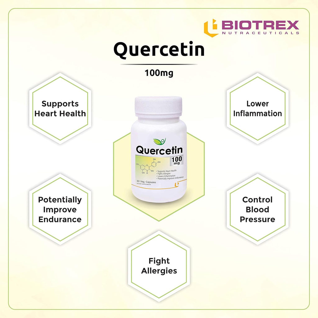 Biotrex Nutraceuticals Quercetin 100mg | Supports Energy, Brain & Heart Health | Antioxidant | Cardiovascular & Respiratory Health â€“ 60 Veg Capsules