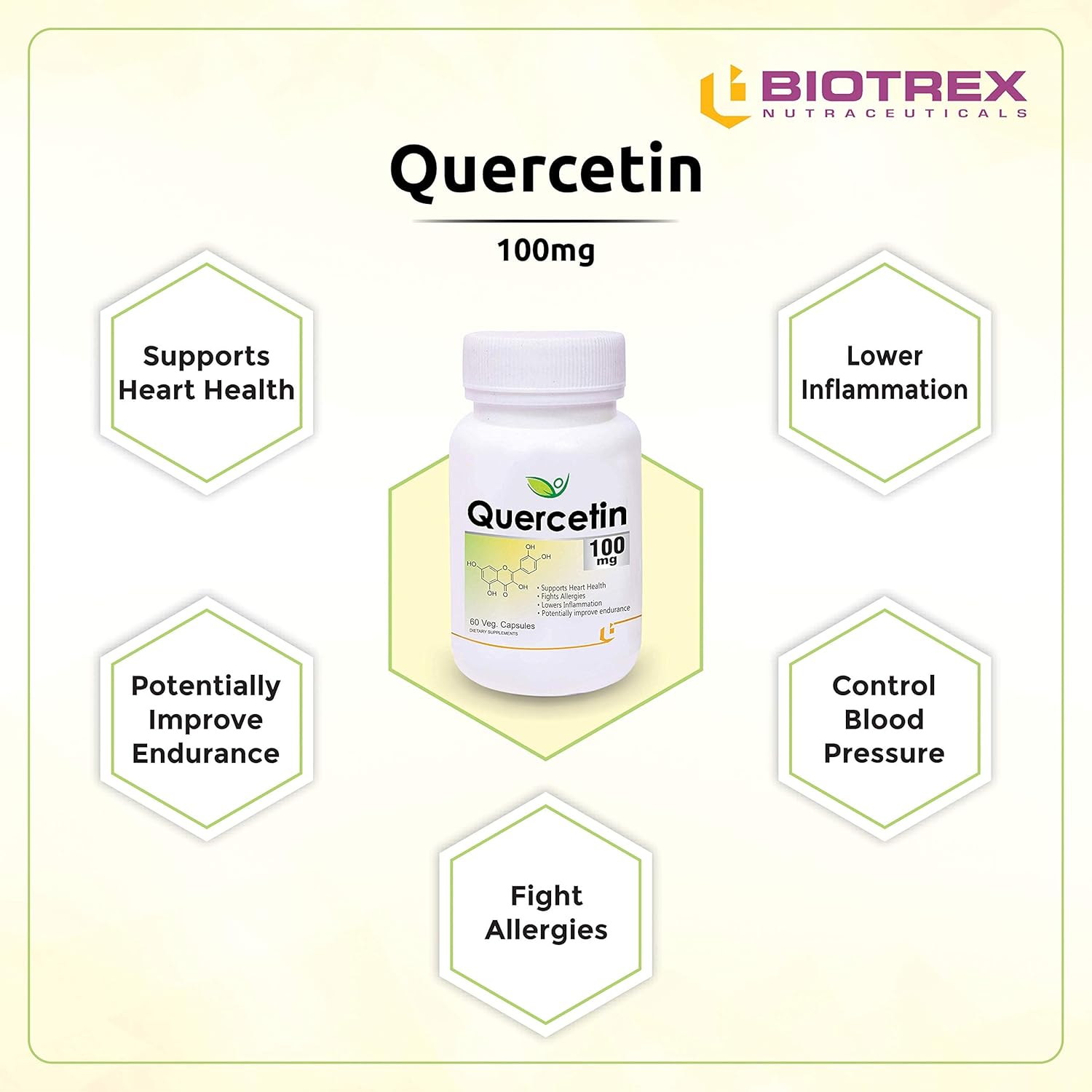 Biotrex Nutraceuticals Quercetin 100mg | Supports Energy, Brain & Heart Health | Antioxidant | Cardiovascular & Respiratory Health â€“ 60 Veg Capsules