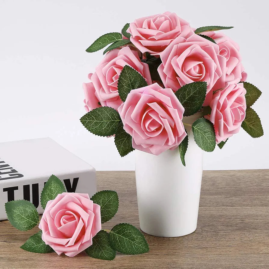 Artificial Roses Flowers Real Looking Fake Roses Artificial Foam Roses Pink - 25 pieces