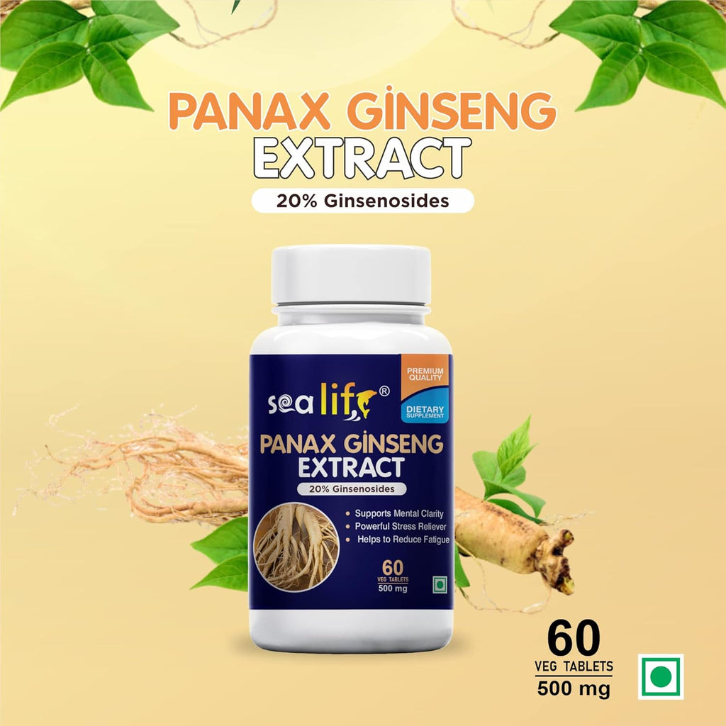 Sea Life Panax Ginseng | Korean Red Ginseng Supplement for Men & Women, Root Extract Powder for Energy and Stress Management (60 Tablets).
