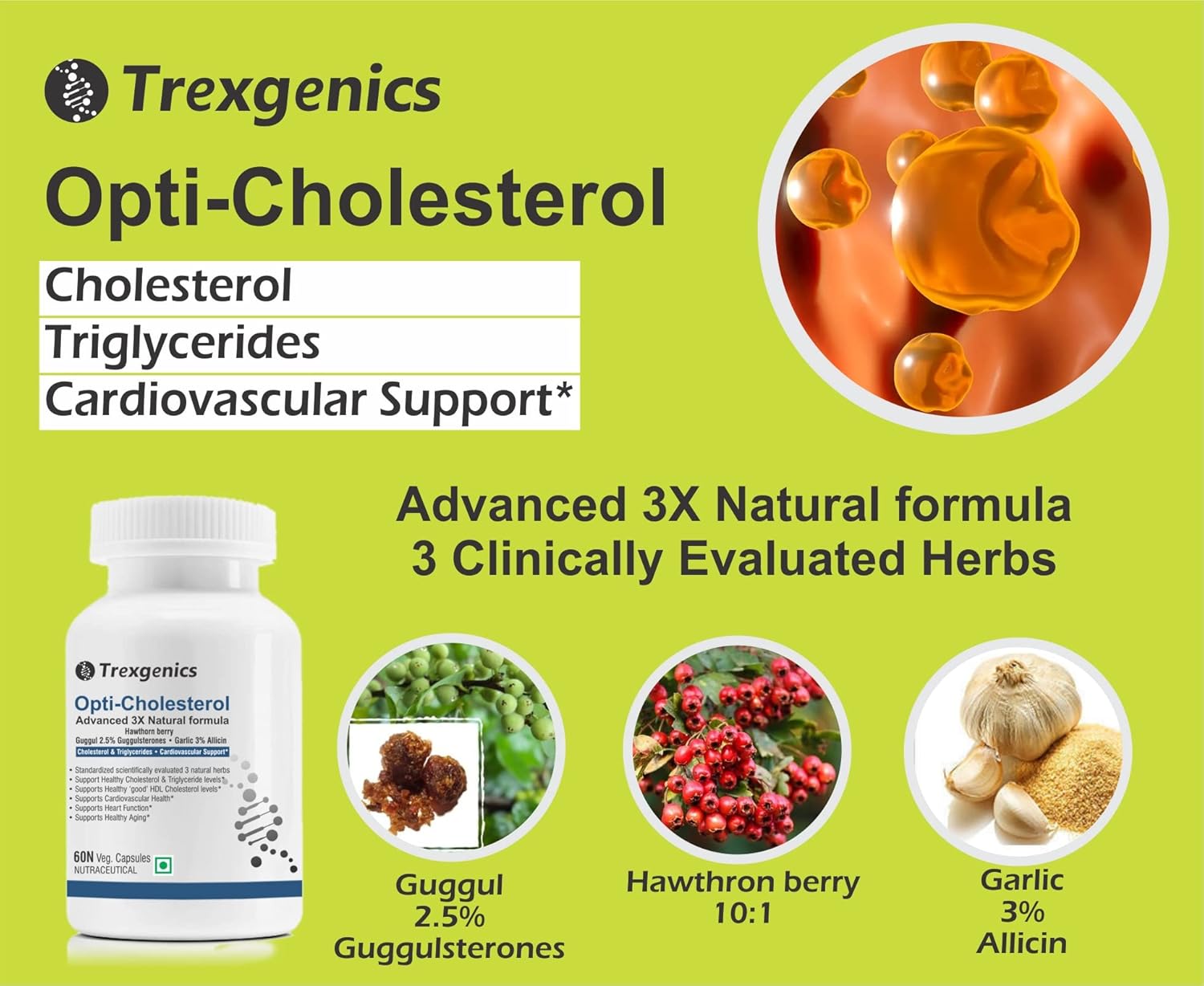 Trexgenics OPTI-CHOLESTEROL Support 3X Herbs, Cardiovascular, Blood Pressure, Triglycerides Support VEGAN & NON-GMO (60 Veg. Capsules) (Pack of 1)