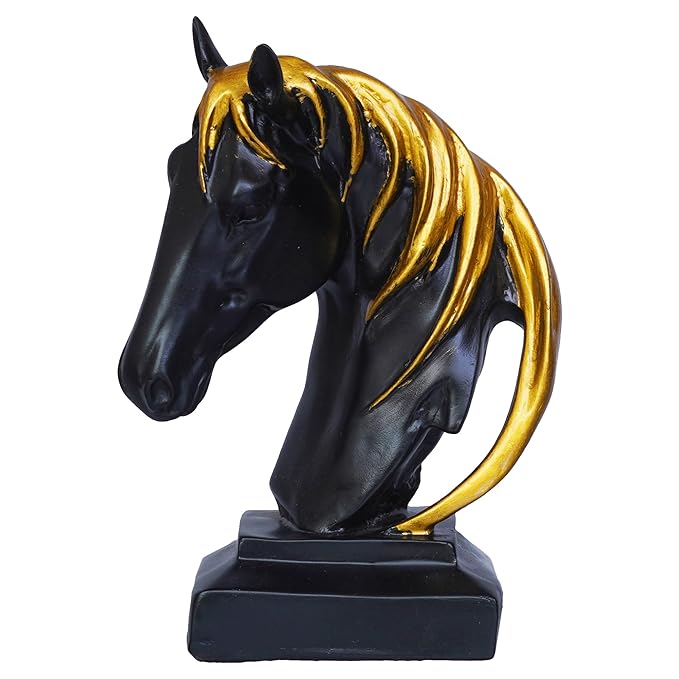 Ecraftindia Black Horse Head Statue With Golden Hair Animal Figurine Showpiece