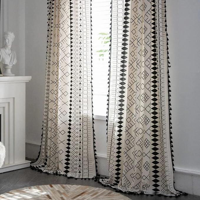 Huesland Cotton Curtains for Windows, 5 Feet Long 1 Bohemian Eyelet Curtain | Boho Tribal White & Black