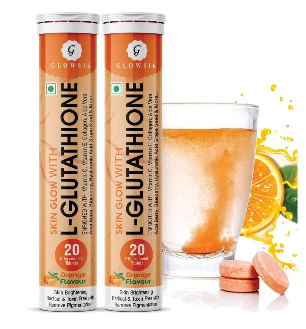 G- Glowsik Glutathione Tablets - 20 Effervescent Tabs for Skin, Reduced Glutathione With Collagen Vitamin C | Orange Flavour | Pack of 2
