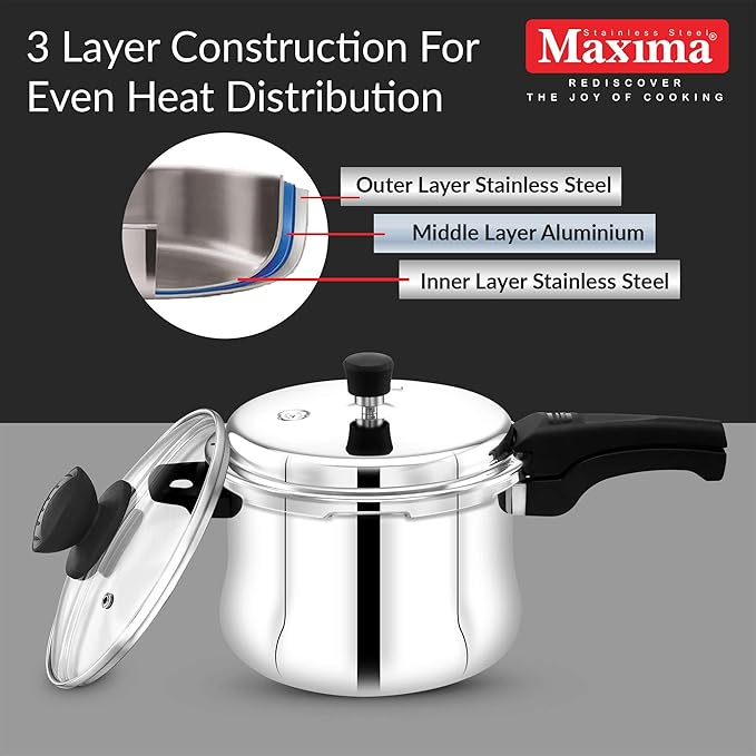 Maxima Sumo Belly Plus Triply 1.5L Stainless Steel Cooker Glass Lid - 1600 gms