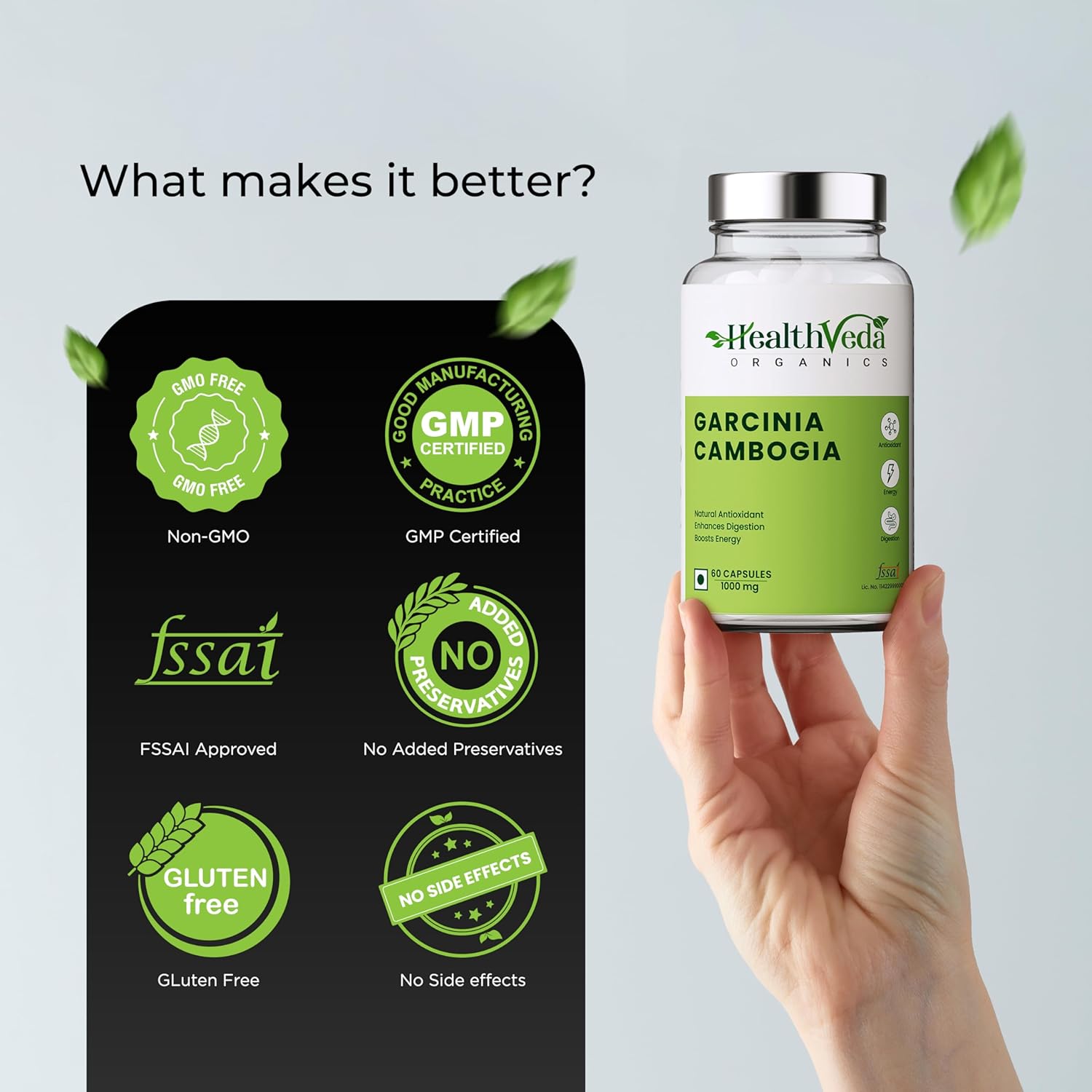 Health Veda Organics Plant Based Garcinia Cambogia Supplement 1000 mg | 60 Veg Capsules | Improves Digestion | For Both Men & Women