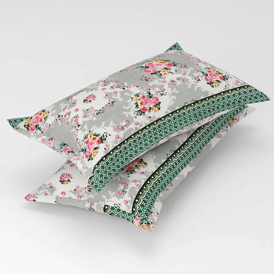 Homefab India 180 TC Microfiber Double BedSheet with 2 Pillow Covers Green Grey Floral