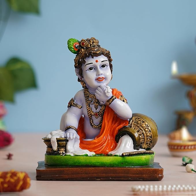 Ecraftindia Polyresin Handcrafted Little Krishna Idol Eating Makhan Decorative Showpiece for Devotees and Lovers of Lord Krishna