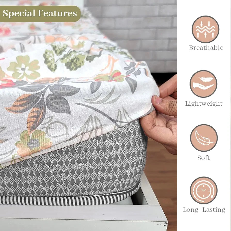 Divine Casa 144 TC 100% Cotton Floral Print Peach Super Soft Elastic Fitted Bedsheets Single Bed Colour Peach amber