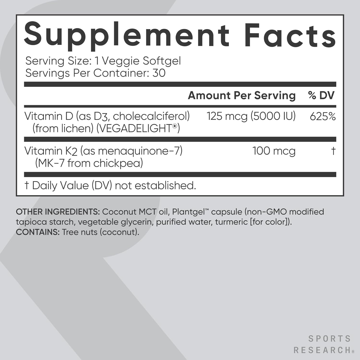 Sports ResearchÂ® Vitamin D3 + K2 w/Coconut Oil - Vegan Vitamin D 5000iu (125mcg) & Mk7 Vitamin K 100mcg for Bone & Immune Support - Vegan Certified Â· Non-GMO Â· Soy Free - 30 Softgels