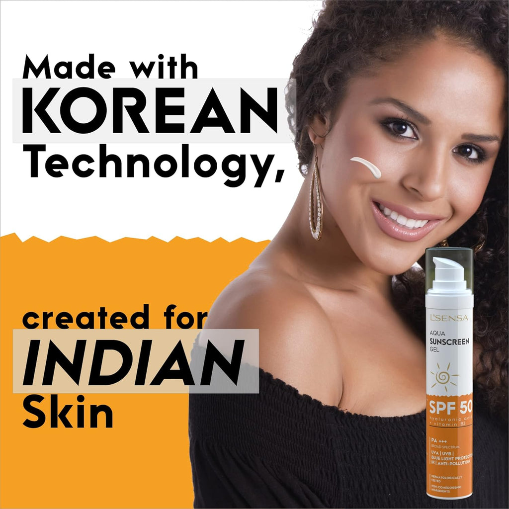 L'SENSA Sunscreen SPF 50 for Oily Skin, Anti-Tan, Waterproof Sun cream, 1% Hyaluronic Aqua Gel, Free from Oxybenzone, For Oily, Combination & Ace Prone Skin, Make-Up Friendly For Women & Men, 50Gram