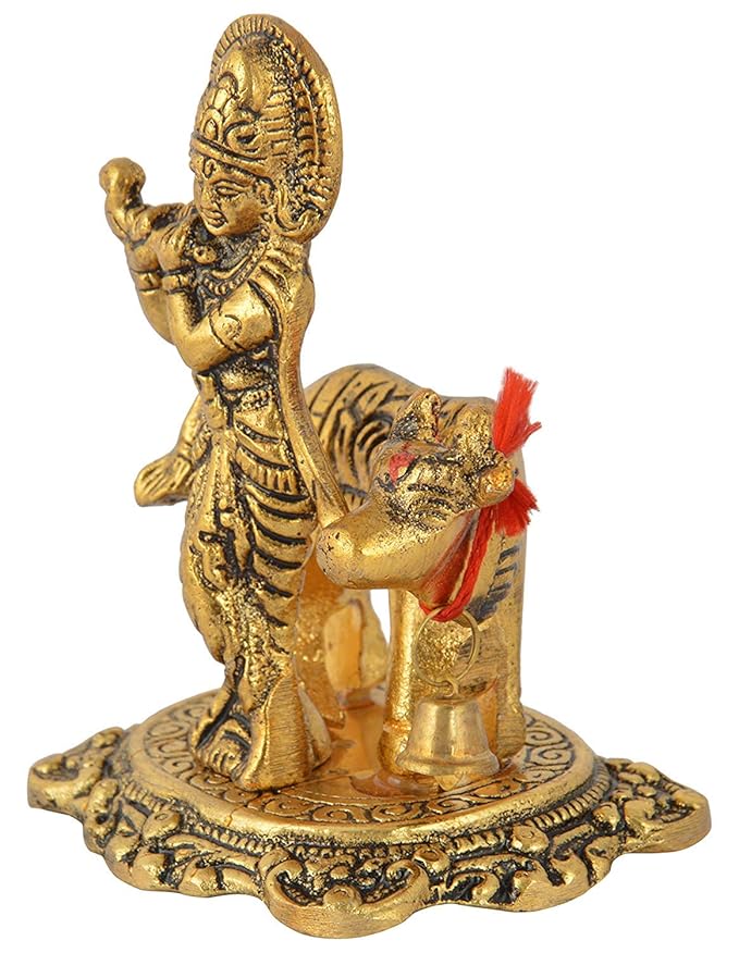 Prince Home Decor & Gifts Metal Kamdhenu Cow with Krishna Statue Colour Gold