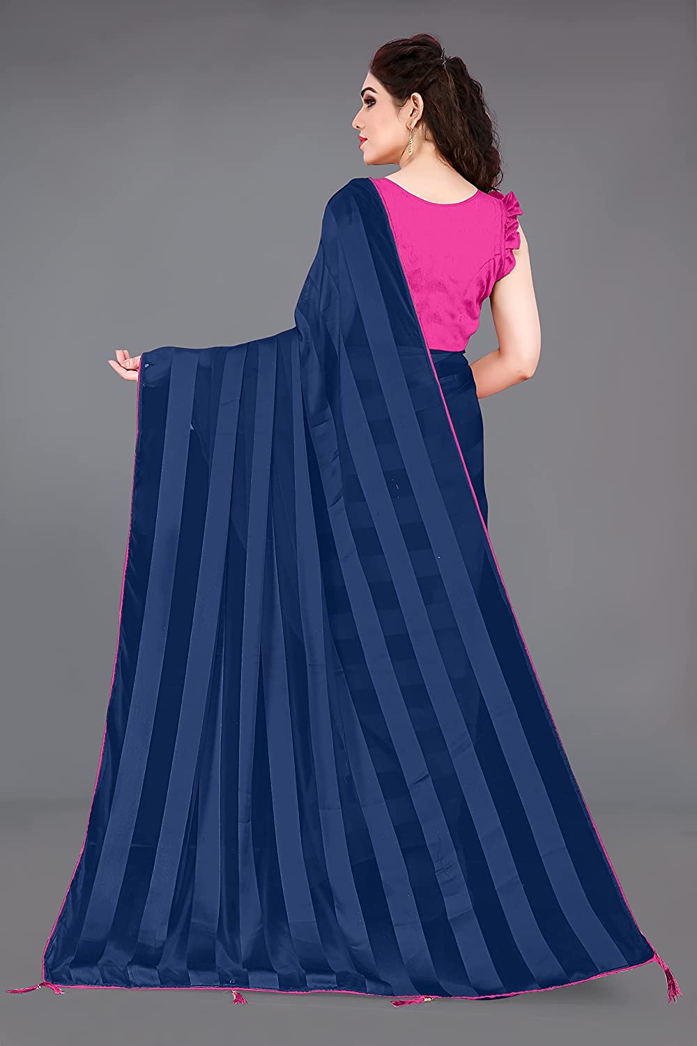 Mirchi Fashion Women'S Georgette Shiny Satin Stripes Laining Pattern Saree
