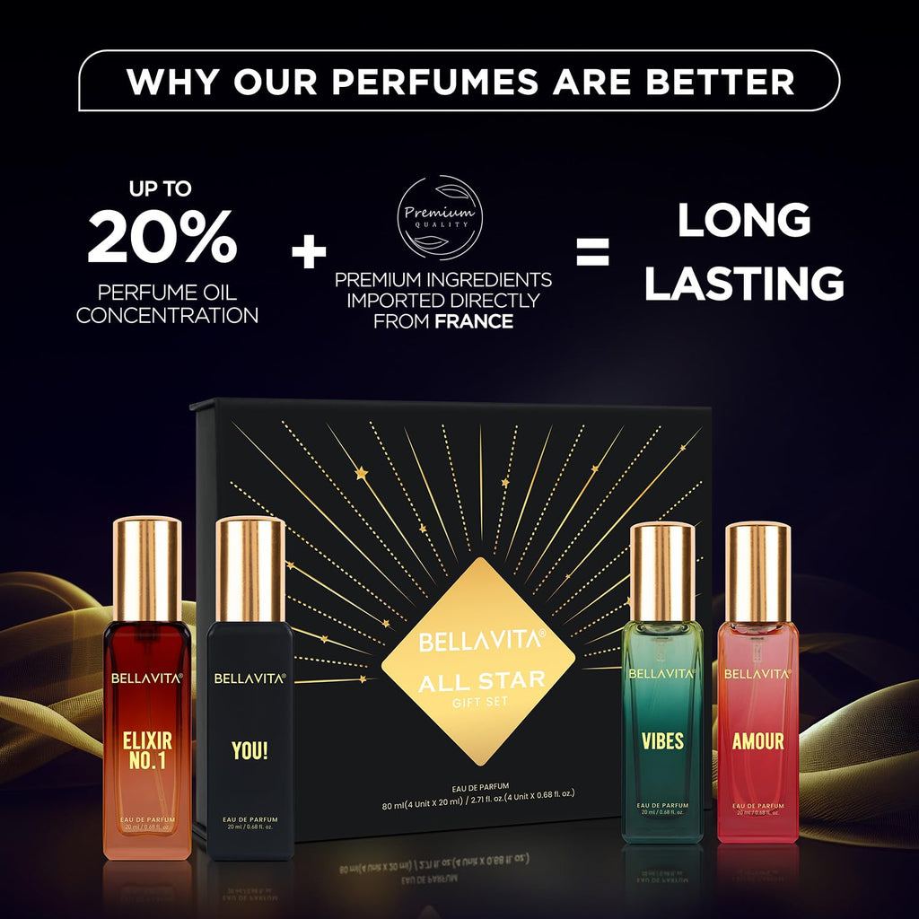 BELLAVITA All Star | Long Lasting Perfume Gift Set for Man | EDP 4x20ml | Vanilla, Bergamot, Moss & Musk | Woody, Fresh, Fruity Premium Fragrance for Men