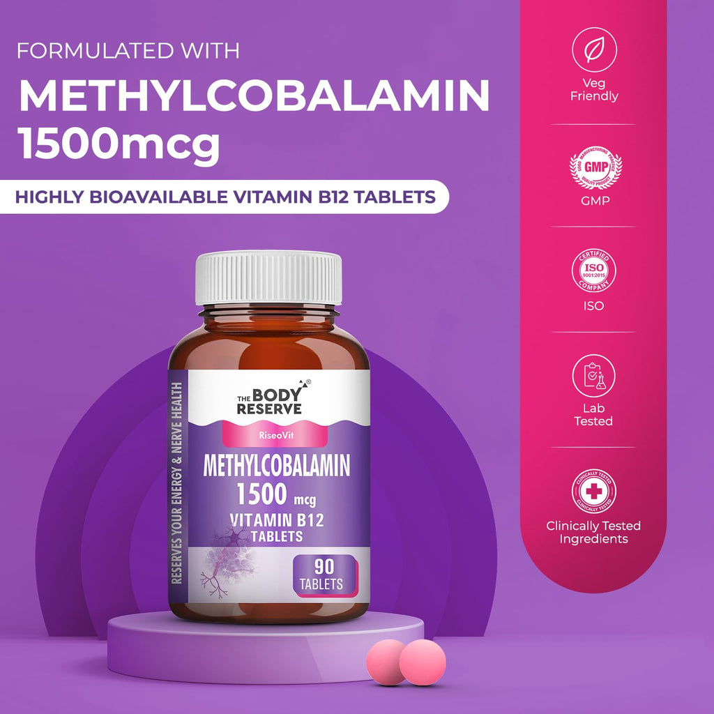 THE BODY RESERVE Vitamin B12 Tablets 1500 mcg as Methylcobalamin Vitamin B12 Supplements for Men & Women -90 Veg tablets (3 Months Supply Pack)