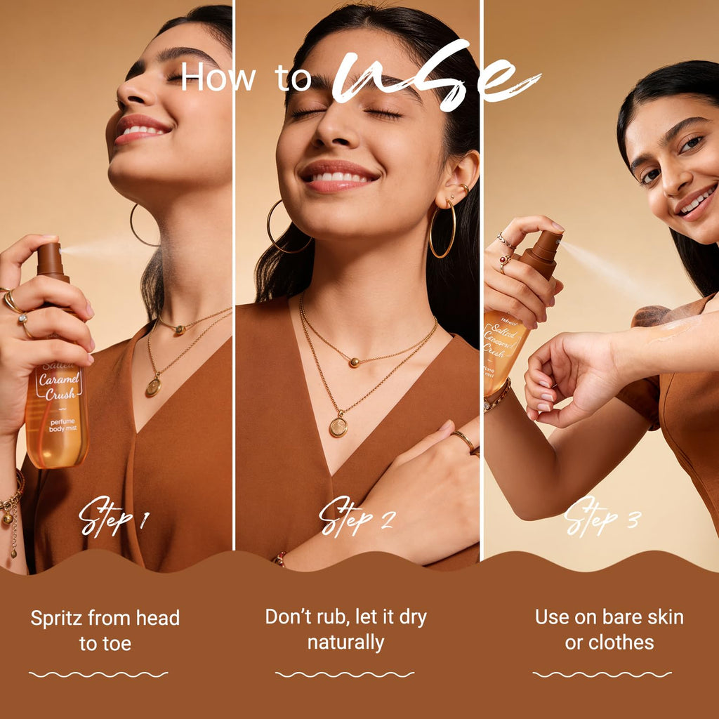 Aqualogica Refresh+ Perfume Body Mist - Salted Caramel Crush | Mouthwatering Gourmand Scent | Long Lasting Fragrance | Double Duty for Hair & Body | Non-Irritating & Hydrating | Infused with Zemea & Hyaluronic Acid | For Men & Women | 150 ml